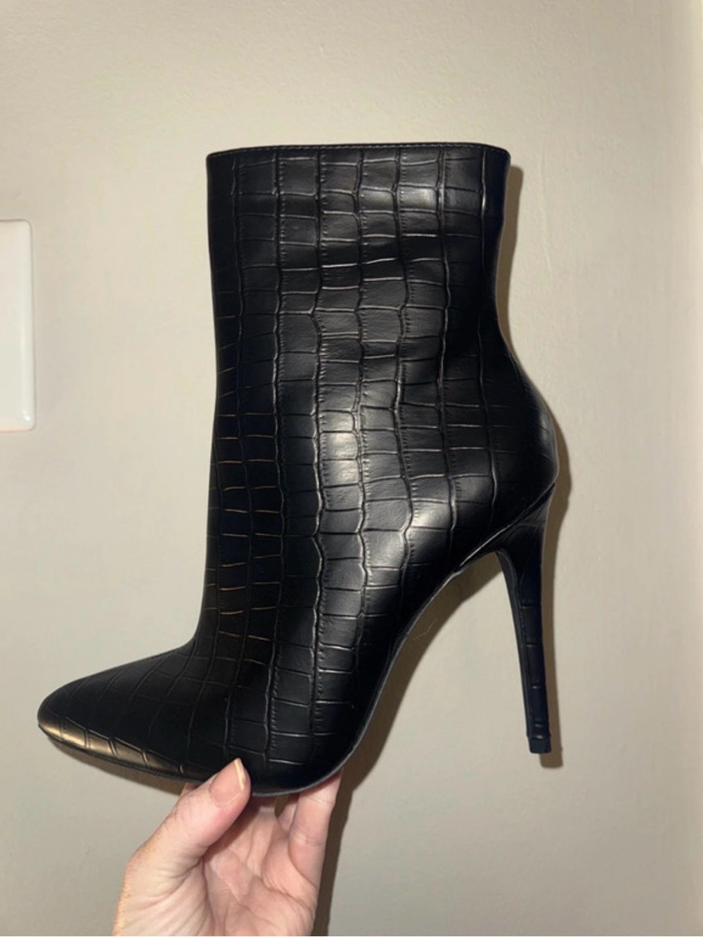 Black Croc-Embossed High Heel Ankle Boot